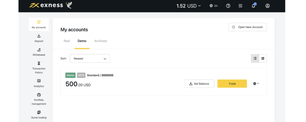 Exness demo account